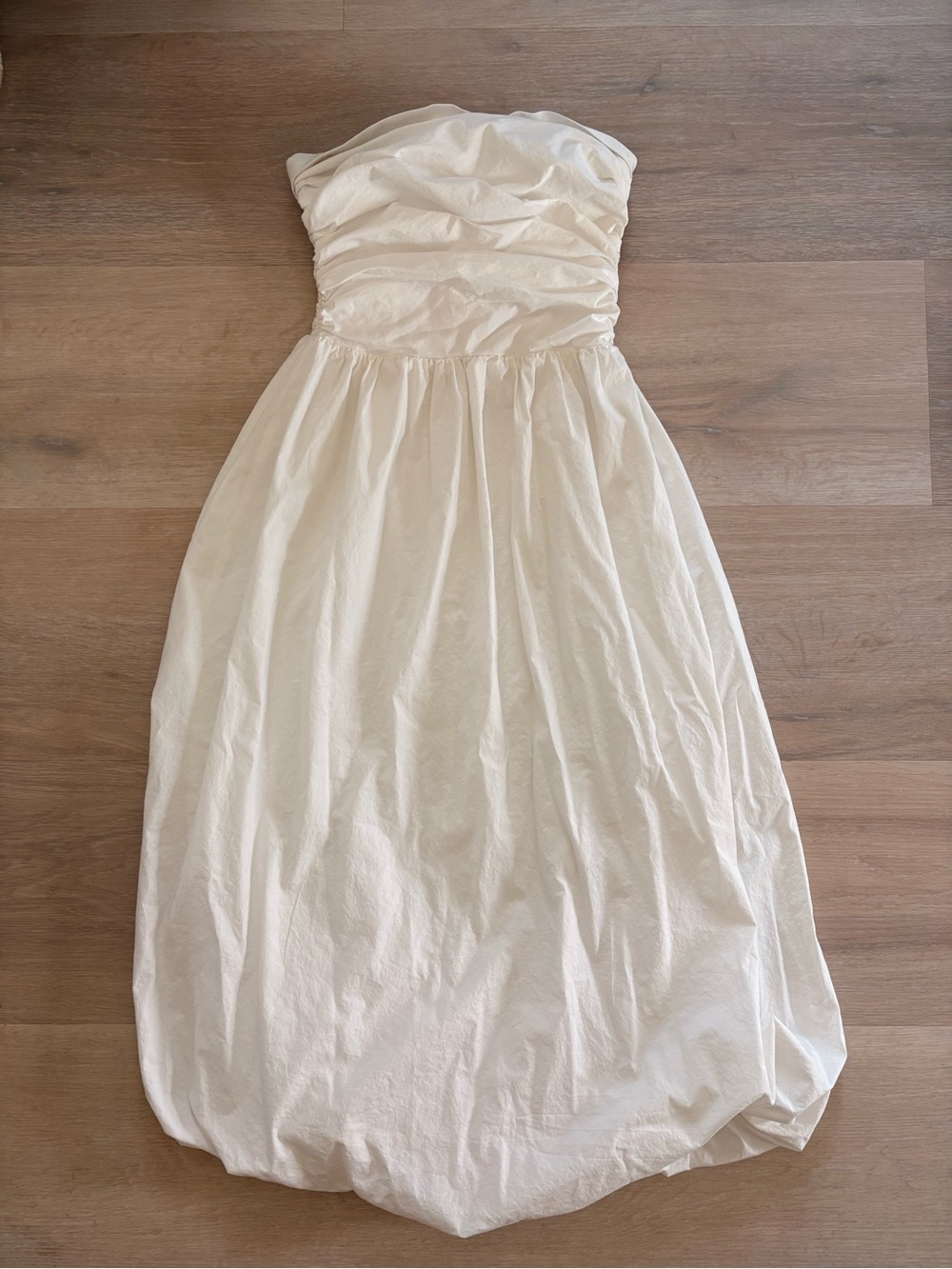 Wayf White Strapless Ruched Bodice Bubble Hem Dress